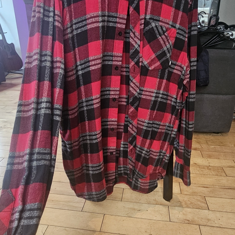 Vans Red, Black And Grey Plaid Button Down Shirt
